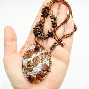 Vintage Dichroic Art Glass Pendant Necklace – Earth Tone Statement Piece